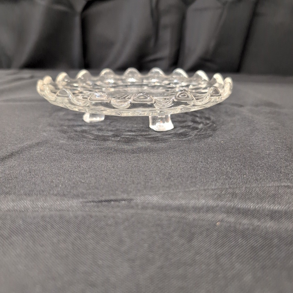 Vtg Clear Pressed Glass Honeycomb Footed Trivet Scalloped Edge Sunburst Center - Picture 2 of 6